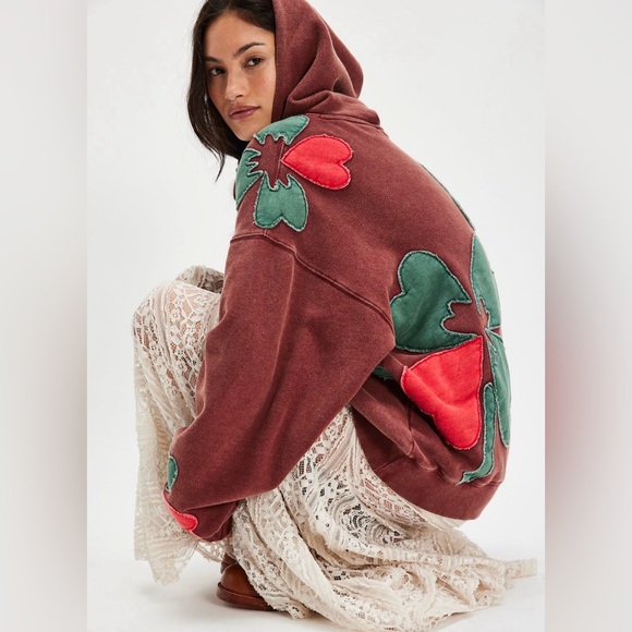 Free People Oversized Brown Hoodie with Green and Red Clover Design 
Retail $168 - Picture 5 of 5